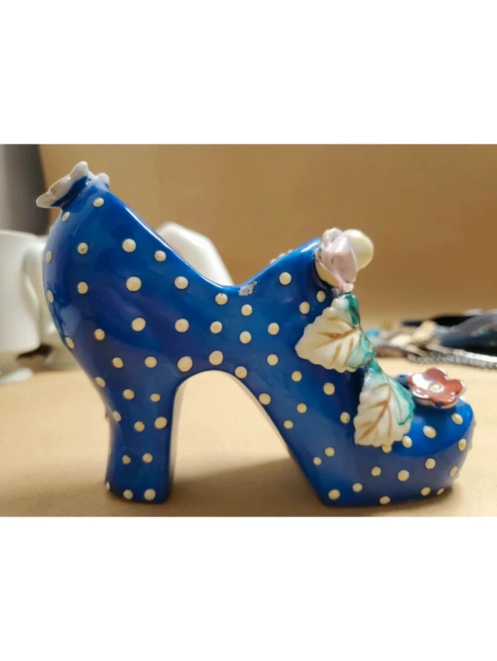 Vintage 1950s Blue Polka Dot Ceramic High Heel Shoe Figurine